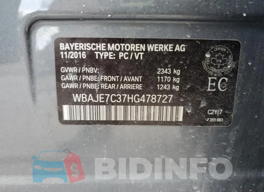 WBAJE7C37HG478727 Photo# 12