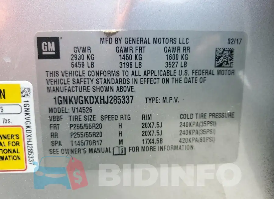 1GNKVGKDXHJ285337 Photo# 14