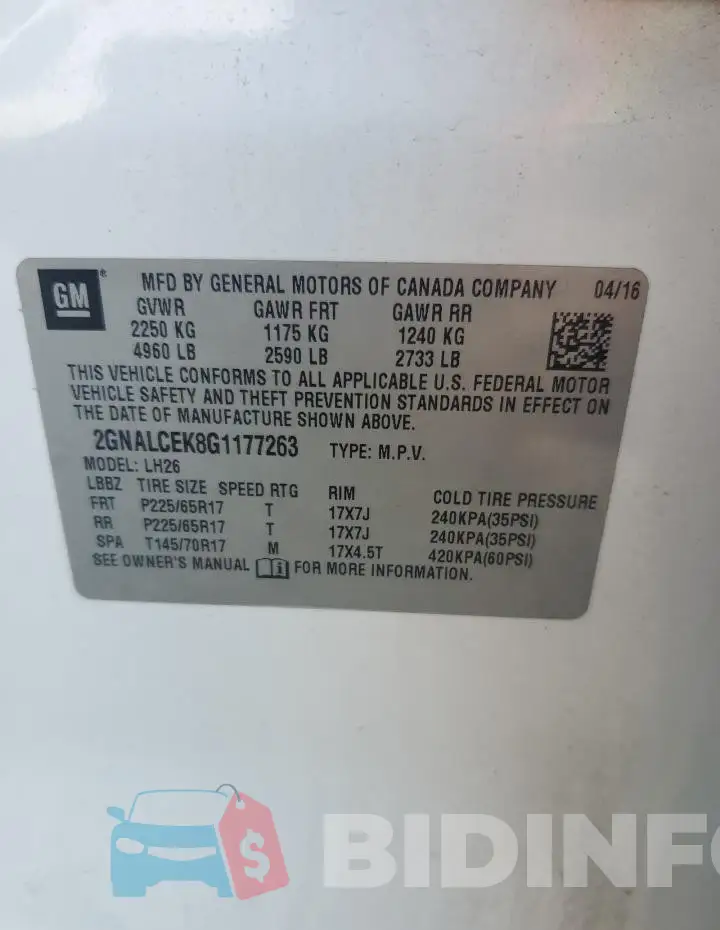 2GNALCEK8G1177263 Photo# 14