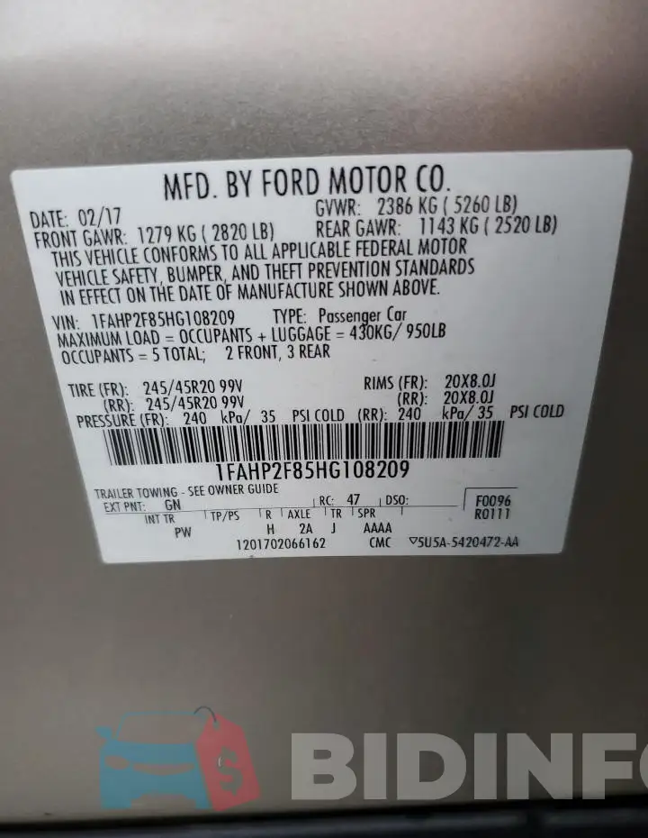 1FAHP2F85HG108209 Photo# 12