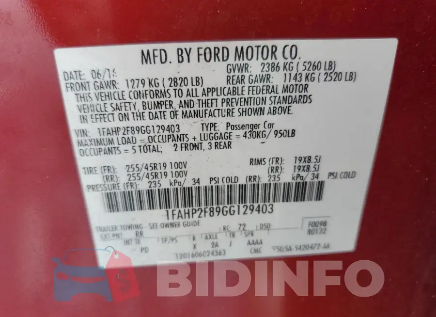 1FAHP2F89GG129403 Photo# 13