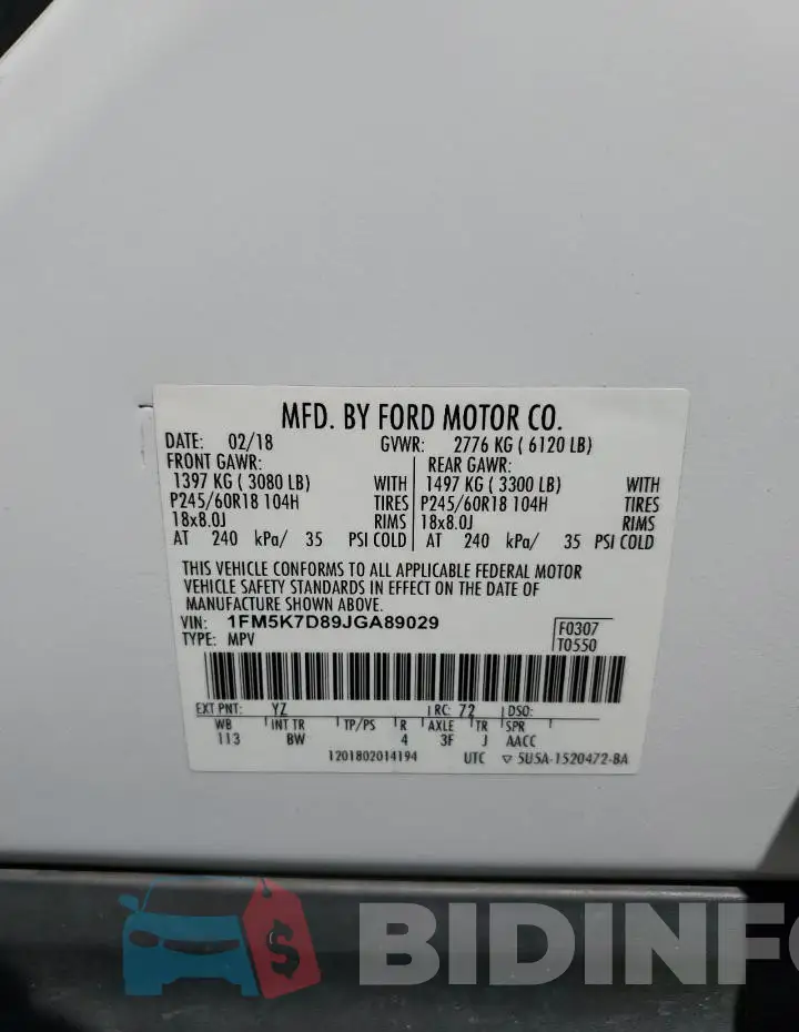 1FM5K7D89JGA89029 Photo# 14