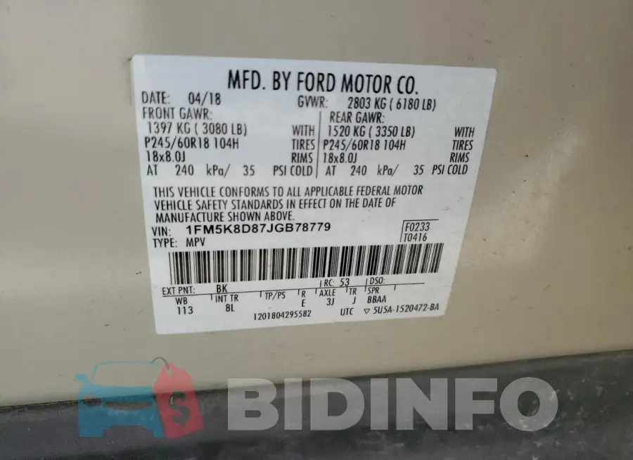 1FM5K8D87JGB78779 Photo# 13