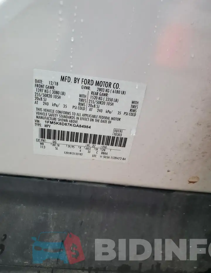 1FM5K8D87KGA84984 Photo# 12