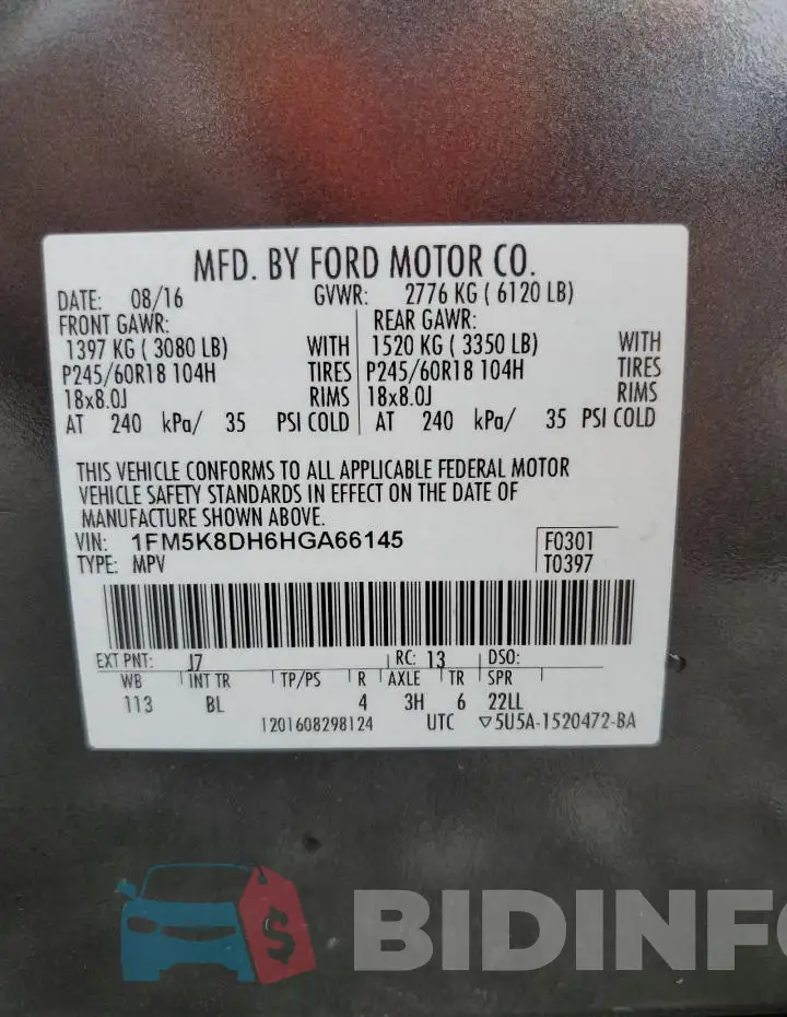 1FM5K8DH6HGA66145 Photo# 13