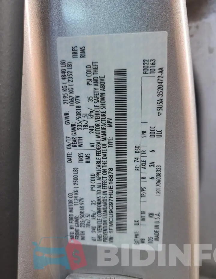 1FMCU9G97HUE16878 Photo# 13