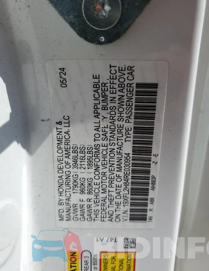 19XFL2H84RE030954 Photo# 12