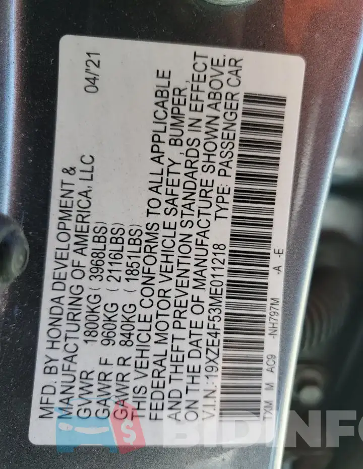 19XZE4F53ME011218 Photo# 13