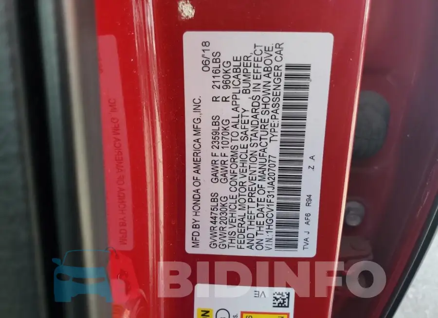 1HGCV1F31JA207077 Photo# 12