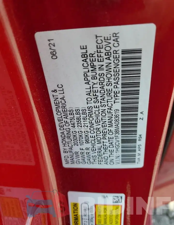 1HGCV1F38MA083619 Photo# 13