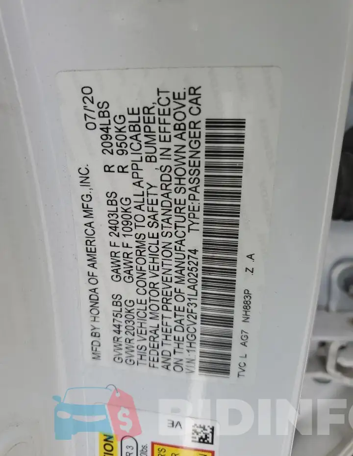 1HGCV2F31LA025274 Photo# 12