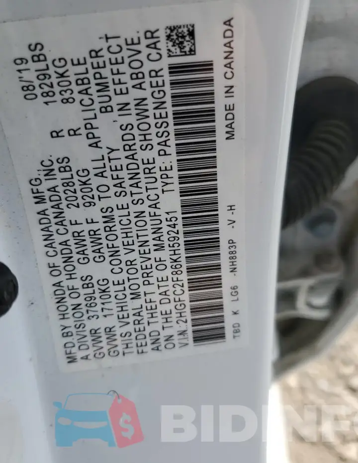 2HGFC2F86KH592451 Photo# 12