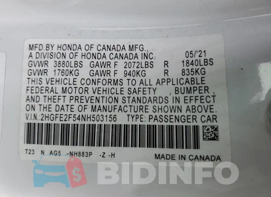 2HGFE2F54NH503156 Photo# 12