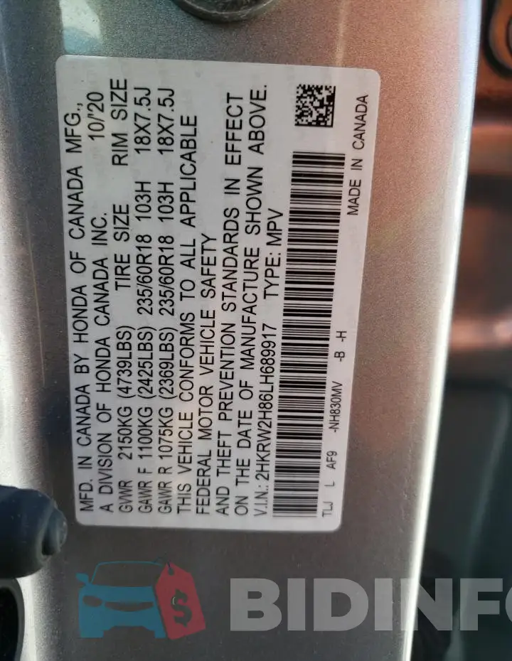 2HKRW2H86LH689917 Photo# 14
