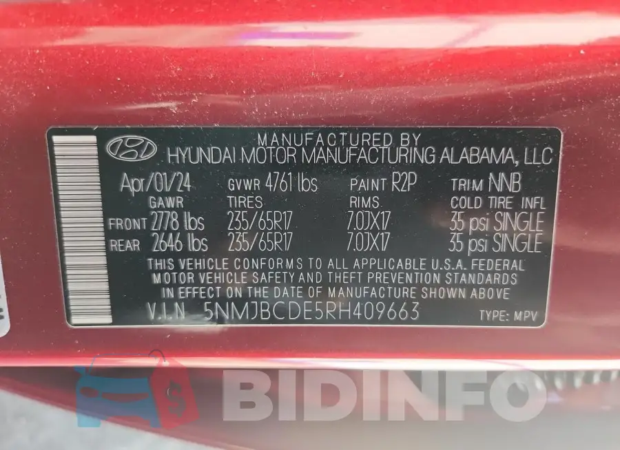 5NMJBCDE5RH409663 Photo# 13
