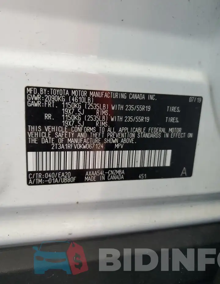 2T3A1RFV0KW067124 Photo# 14