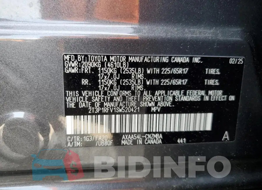 2T3P1RFV1SW520421 Photo# 13