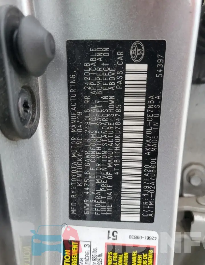 4T1B11HK0KU784785 Photo# 13