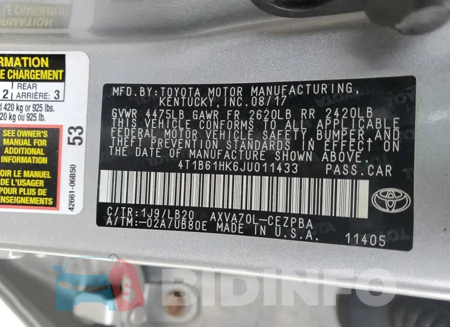 4T1B61HK6JU011433 Photo# 12