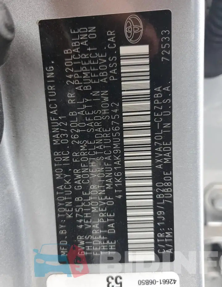 4T1K61AK9MU567542 Photo# 12