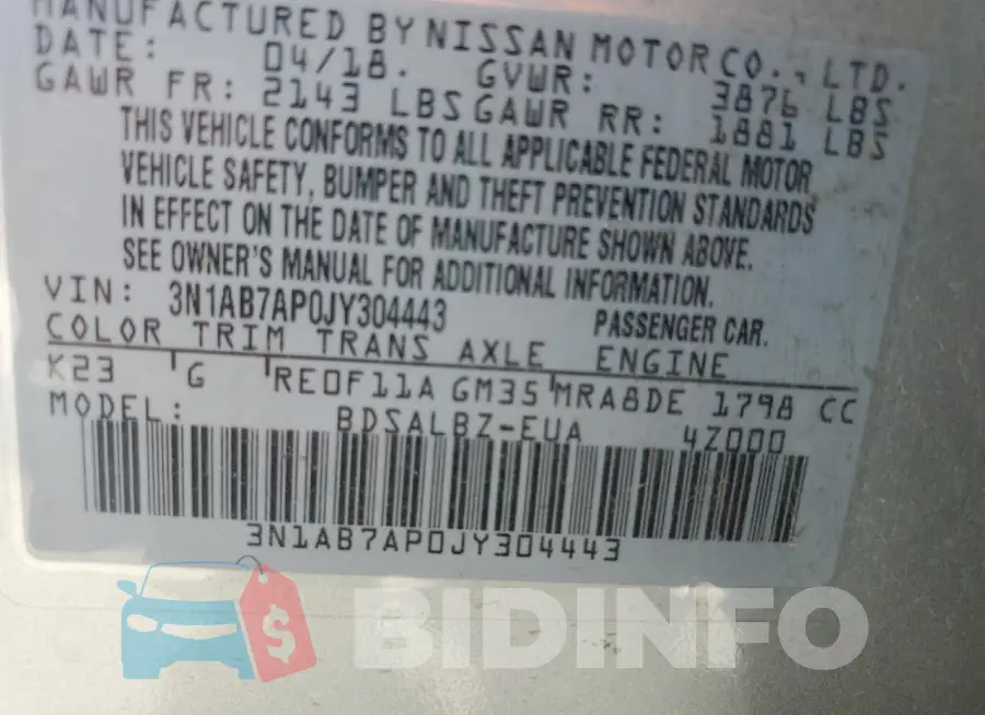 3N1AB7AP0JY304443 Photo# 12