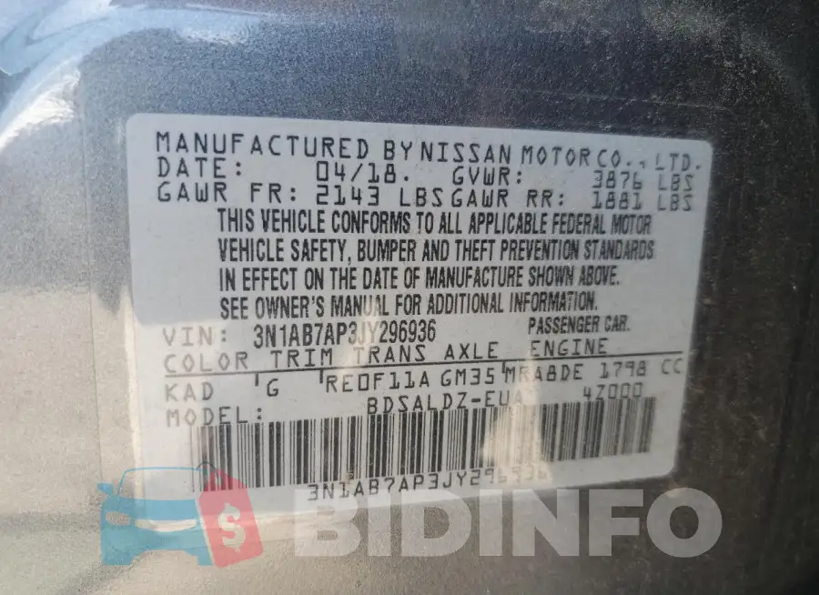 3N1AB7AP3JY296936 Photo# 13