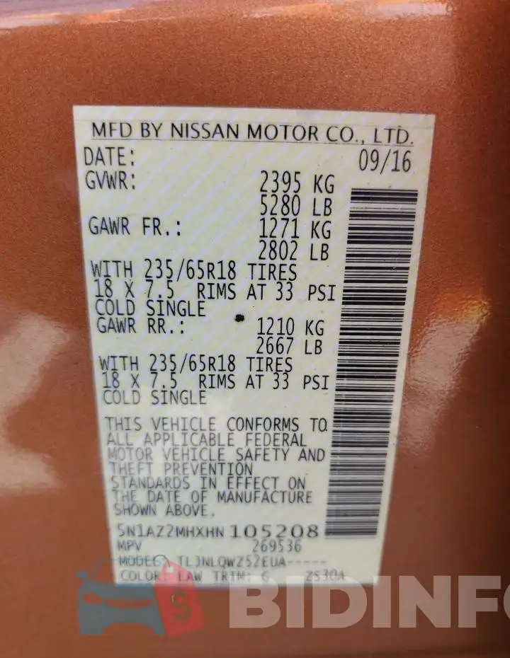 5N1AZ2MHXHN105208 Photo# 12