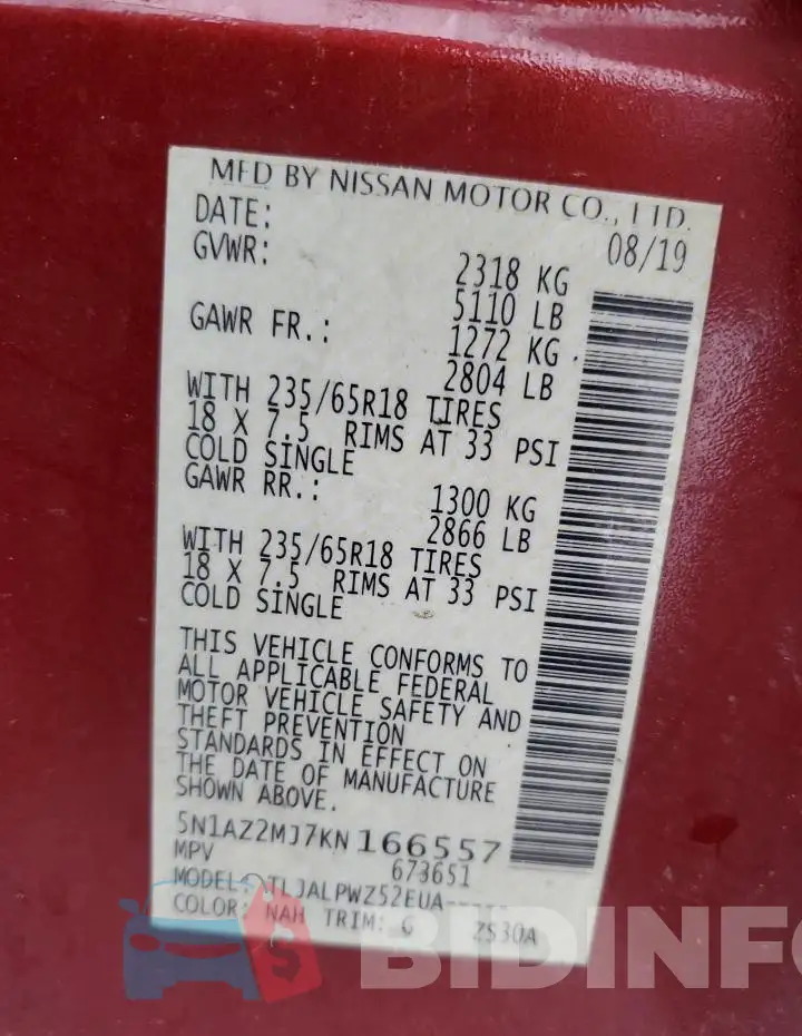 5N1AZ2MJ7KN166557 Photo# 13