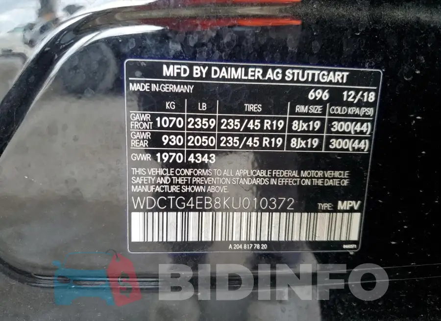 WDCTG4EB8KU010372 Photo# 13