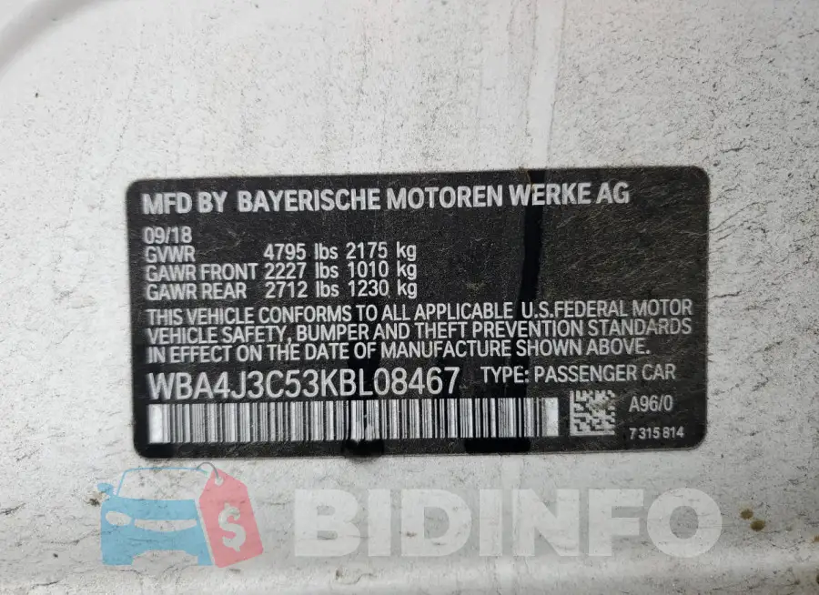 WBA4J3C53KBL08467 Photo# 12