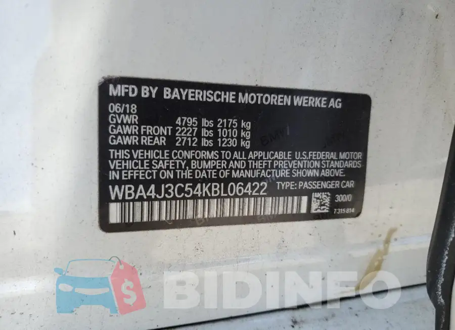 WBA4J3C54KBL06422 Photo# 12