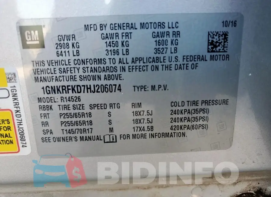 1GNKRFKD7HJ206074 Photo# 14