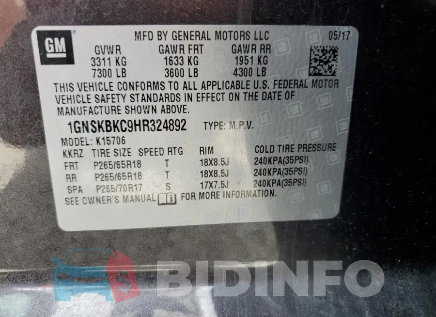 1GNSKBKC9HR324892 Photo# 13