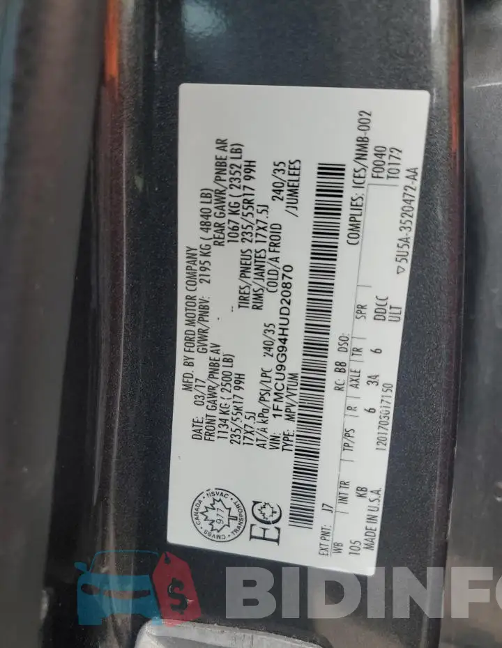 1FMCU9G94HUD20870 Photo# 14