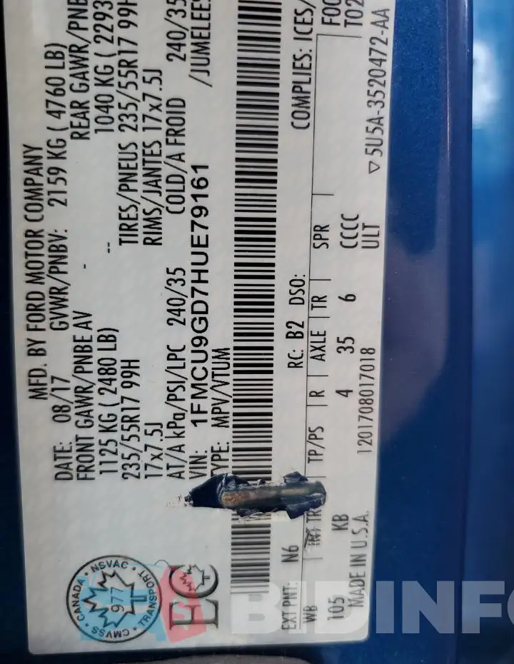 1FMCU9GD7HUE79161 Photo# 14