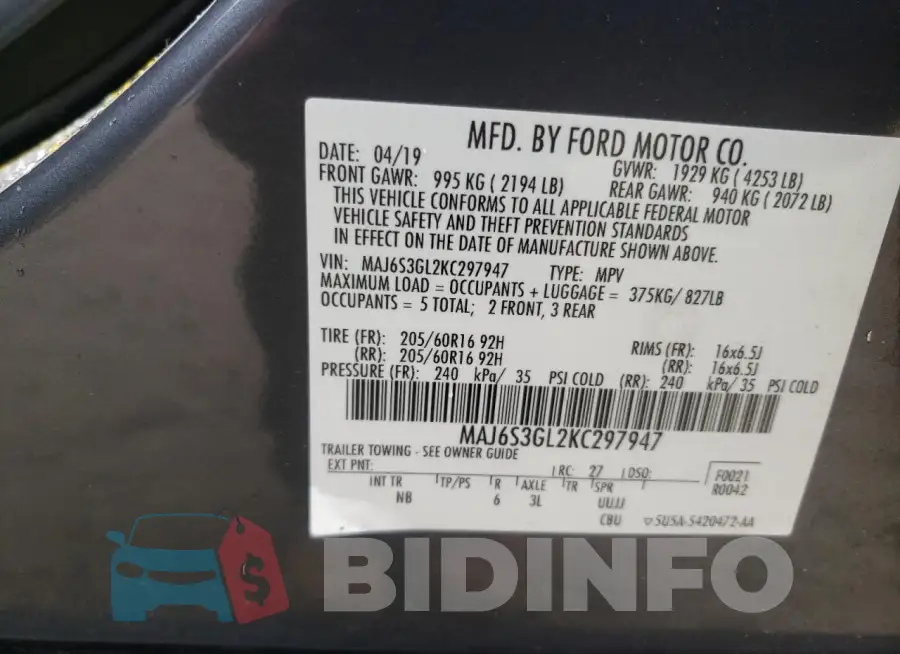 MAJ6S3GL2KC297947 Photo# 13