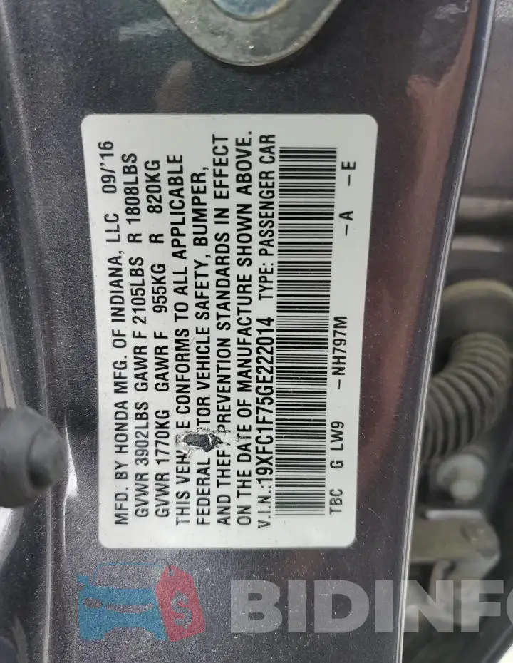 19XFC1F75GE222014 Photo# 12
