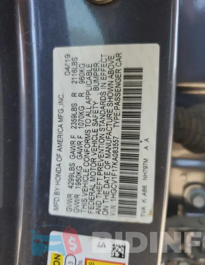1HGCV1F17KA083557 Photo# 12