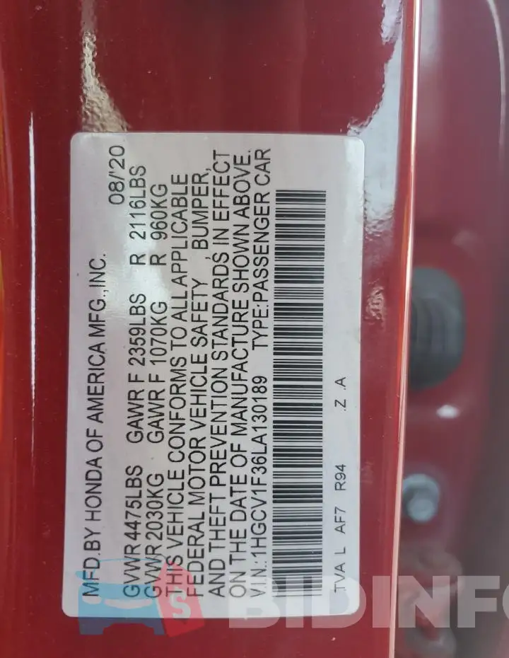 1HGCV1F36LA130189 Photo# 12