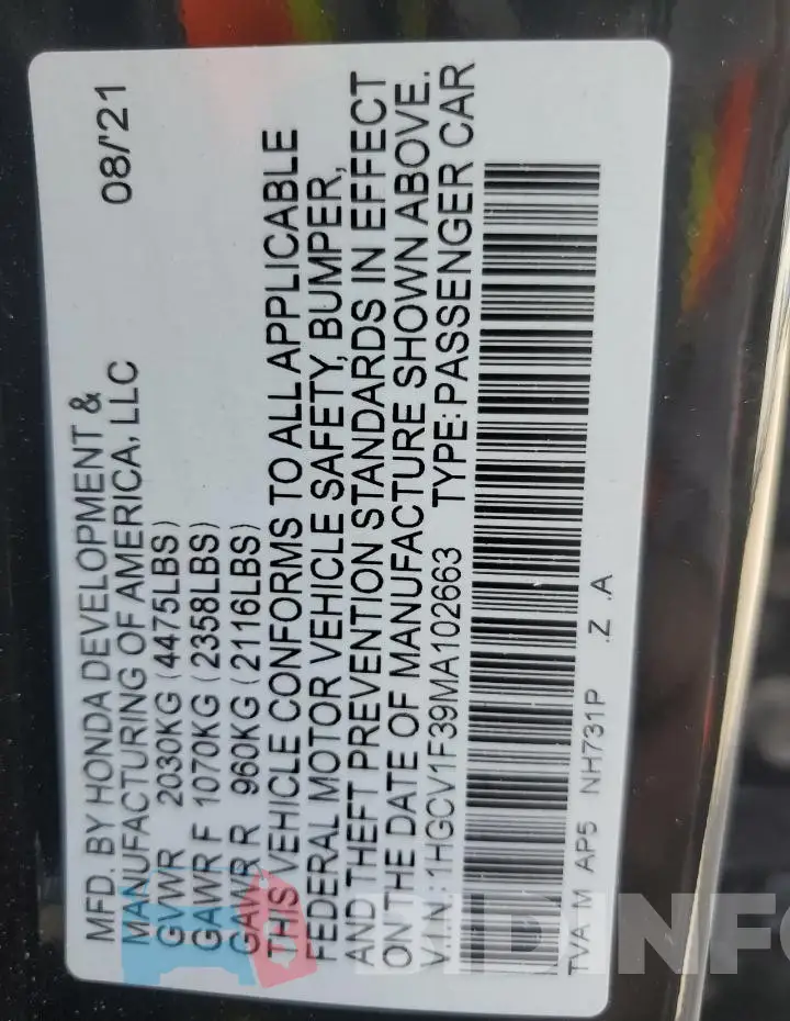 1HGCV1F39MA102663 Photo# 12