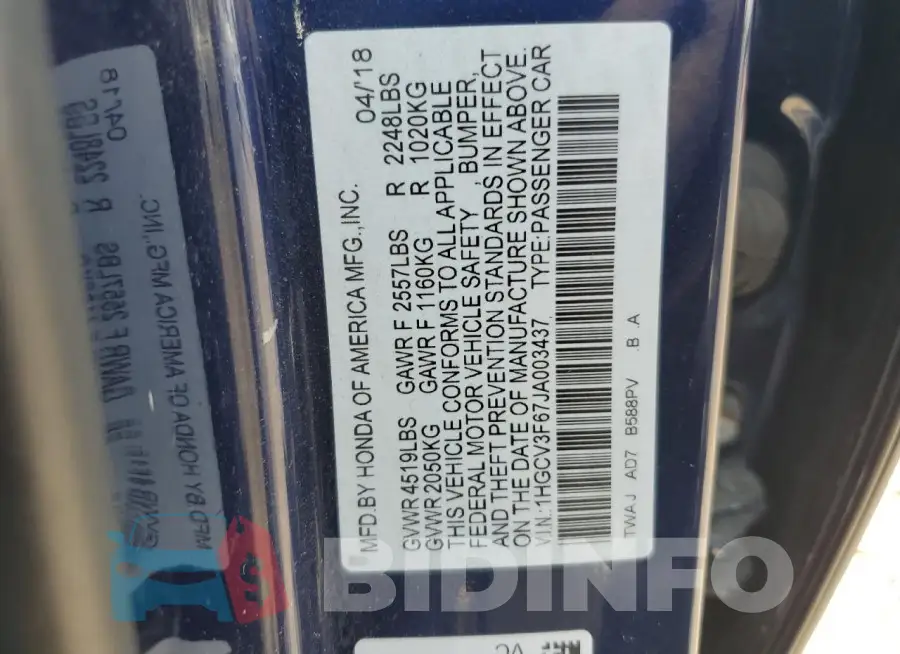 1HGCV3F67JA003437 Photo# 12