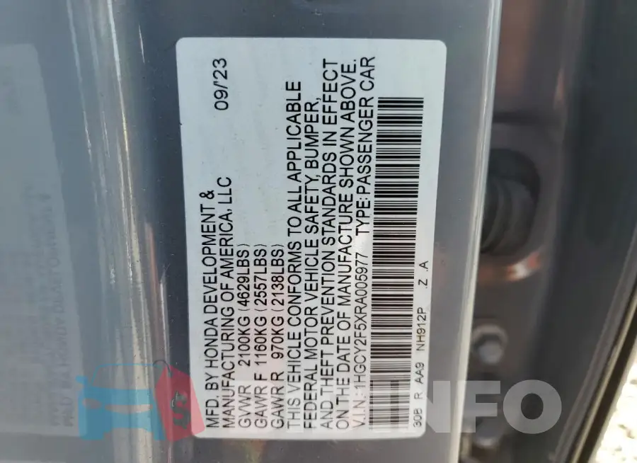 1HGCY2F5XRA005977 Photo# 12