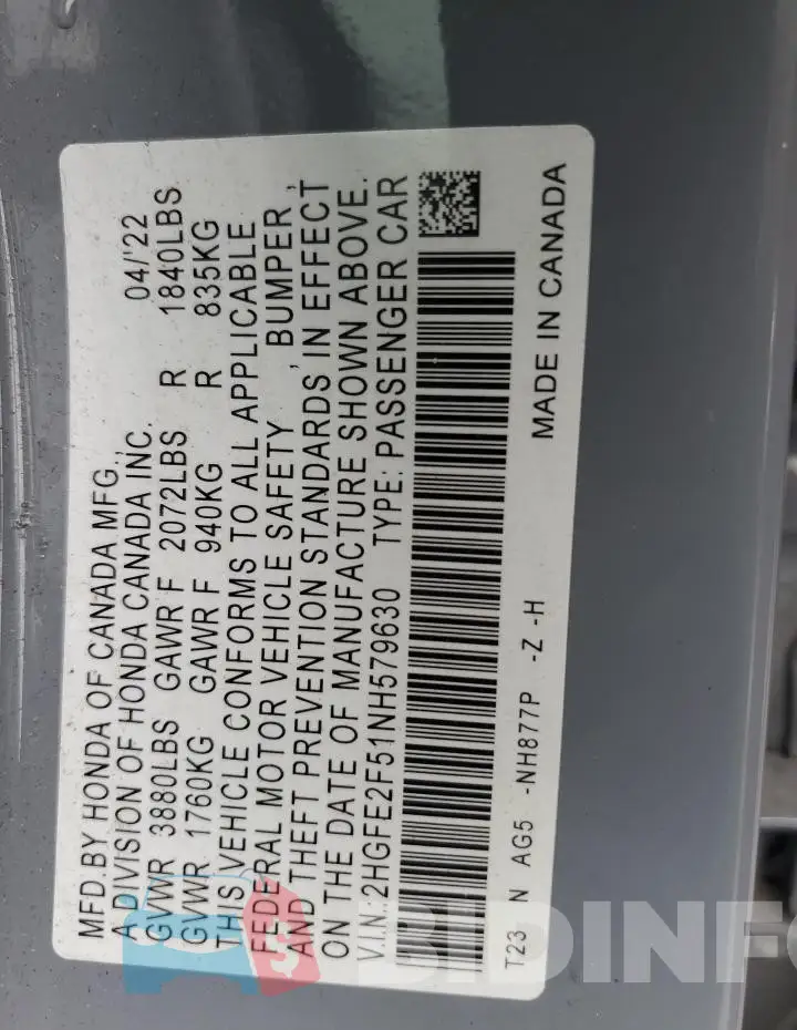 2HGFE2F51NH579630 Photo# 12