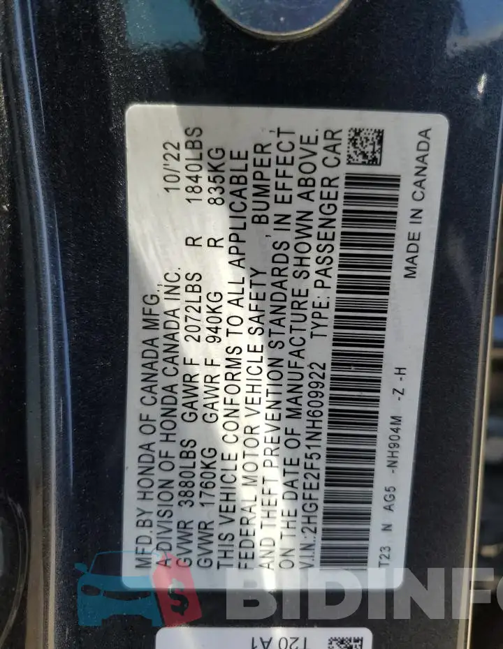 2HGFE2F51NH609922 Photo# 12
