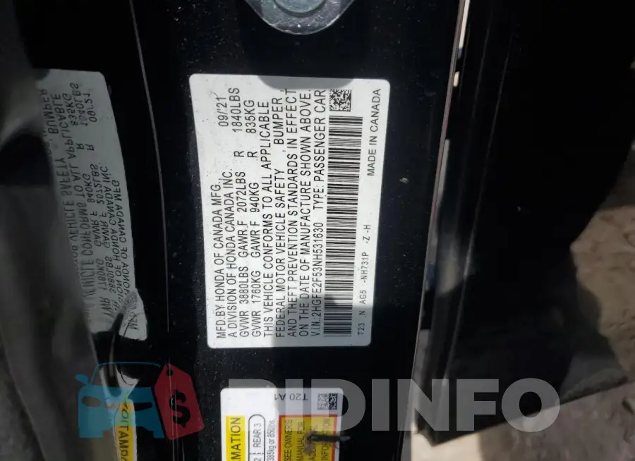2HGFE2F53NH531630 Photo# 12