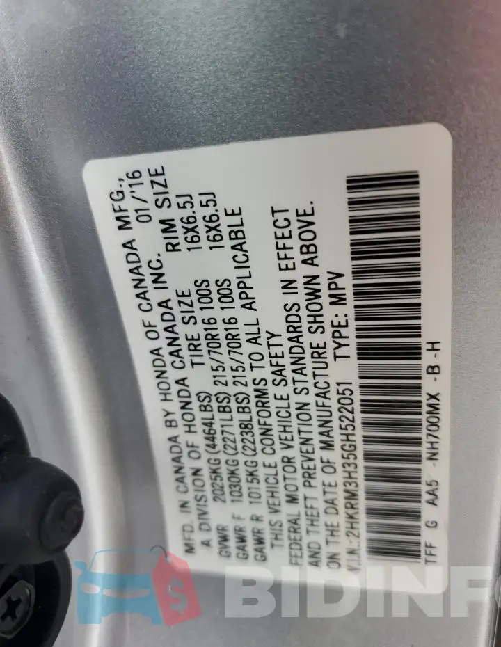 2HKRM3H35GH522051 Photo# 12
