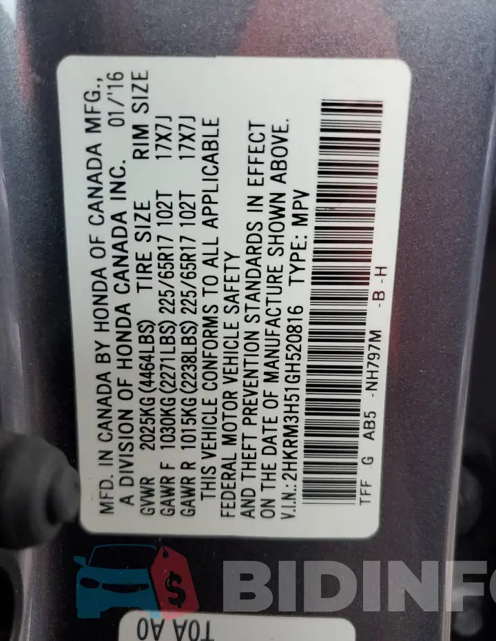 2HKRM3H51GH520816 Photo# 13