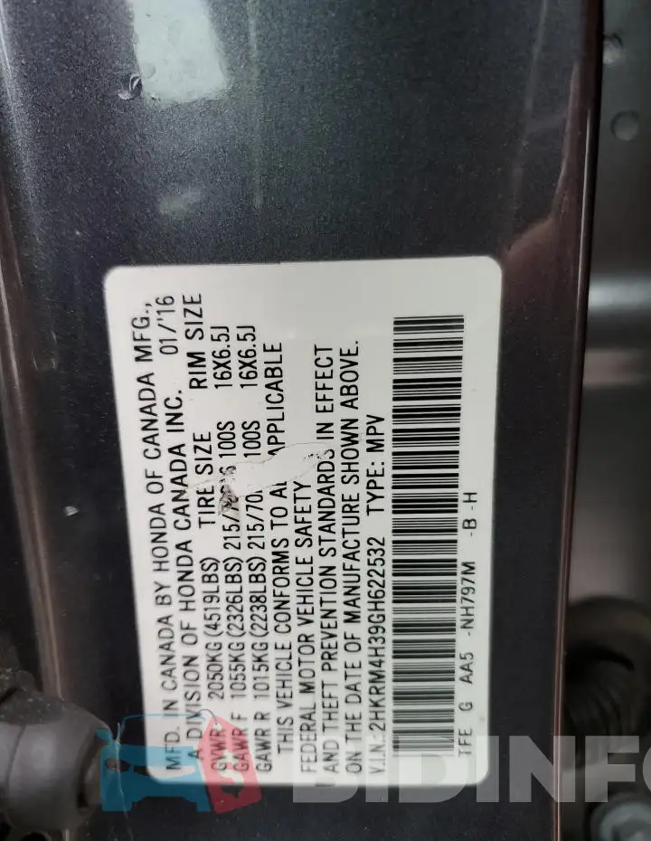 2HKRM4H39GH622532 Photo# 14