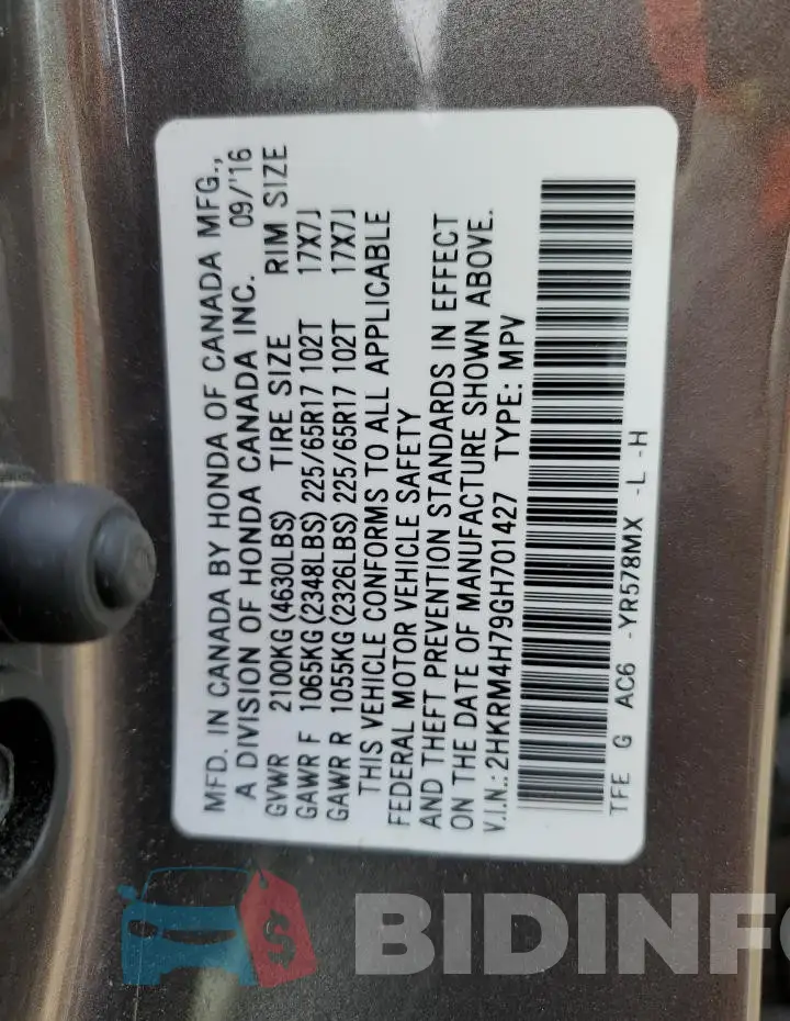 2HKRM4H79GH701427 Photo# 14