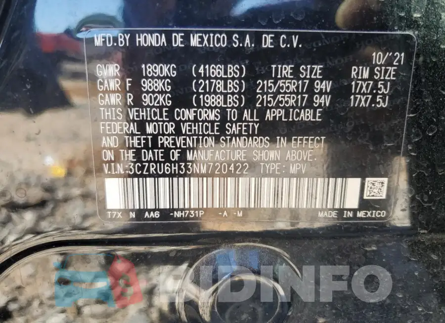 3CZRU6H33NM720422 Photo# 13